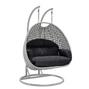 Dark gray cushion and light gray wicker hanging 2 person egg swing chair by Leisure Mod additional picture 2