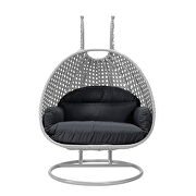 Dark gray cushion and light gray wicker hanging 2 person egg swing chair by Leisure Mod additional picture 3
