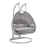 Light gray cushion and wicker hanging 2 person egg swing chair by Leisure Mod additional picture 2