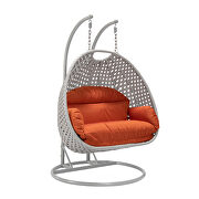 Orange cushion and light gray wicker hanging 2 person egg swing chair by Leisure Mod additional picture 2