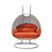 Orange cushion and light gray wicker hanging 2 person egg swing chair by Leisure Mod additional picture 3
