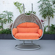 Orange cushion and light gray wicker hanging 2 person egg swing chair by Leisure Mod additional picture 4