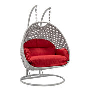 Red cushion and light gray wicker hanging 2 person egg swing chair by Leisure Mod additional picture 2