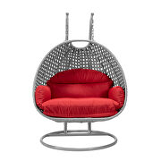 Red cushion and light gray wicker hanging 2 person egg swing chair by Leisure Mod additional picture 3