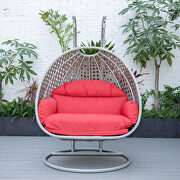 Red cushion and light gray wicker hanging 2 person egg swing chair by Leisure Mod additional picture 4