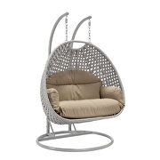 Taupe cushion and light gray wicker hanging 2 person egg swing chair by Leisure Mod additional picture 2