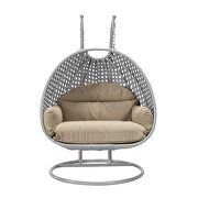 Taupe cushion and light gray wicker hanging 2 person egg swing chair by Leisure Mod additional picture 3
