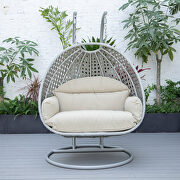 Taupe cushion and light gray wicker hanging 2 person egg swing chair by Leisure Mod additional picture 4