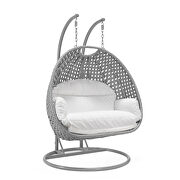 White cushion and light gray wicker hanging 2 person egg swing chair by Leisure Mod additional picture 2