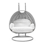 White cushion and light gray wicker hanging 2 person egg swing chair by Leisure Mod additional picture 3
