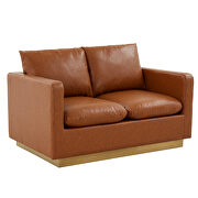 Modern style upholstered cognac tan leather loveseat with gold frame additional photo 2 of 6