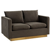 Modern style upholstered dark gray velvet loveseat with gold frame by Leisure Mod additional picture 2