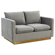 Modern style upholstered light gray velvet loveseat with gold frame by Leisure Mod additional picture 2
