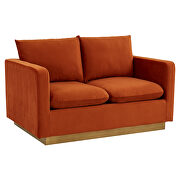 Modern style upholstered orange marmalade velvet loveseat with gold frame by Leisure Mod additional picture 2