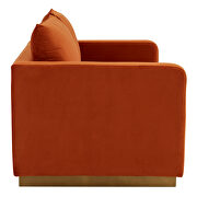 Modern style upholstered orange marmalade velvet loveseat with gold frame by Leisure Mod additional picture 5
