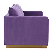 Modern style upholstered purple velvet loveseat with gold frame by Leisure Mod additional picture 5
