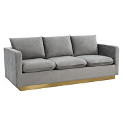 Modern style upholstered light gray velvet sofa with gold frame by Leisure Mod additional picture 2