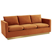 Modern style upholstered orange marmalade velvet sofa with gold frame by Leisure Mod additional picture 2