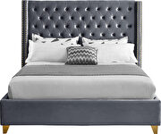 Modern gold legs / nailheads gray king velvet bed additional photo 4 of 6