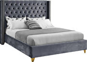 Modern gold legs / nailheads gray king velvet bed additional photo 5 of 6