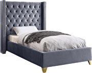 Modern gold legs / nailheads gray velvet twin bed by Meridian additional picture 3