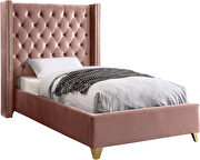 Modern gold legs / nailheads pink velvet twin bed additional photo 3 of 2