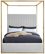 White leather channel tufted brushed brass canopy king bed additional photo 4 of 5