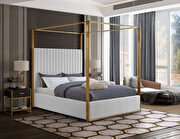 White leather channel tufted brushed brass canopy king bed additional photo 5 of 5