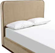 Beige fabric upholstered king bed w/ walnut wood base by Meridian additional picture 11