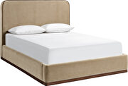Beige fabric upholstered king bed w/ walnut wood base by Meridian additional picture 12