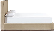 Beige fabric upholstered king bed w/ walnut wood base by Meridian additional picture 8