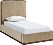 Beige fabric upholstered twin bed w/ walnut wood base by Meridian additional picture 10