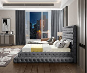 Gray velvet tiered design tufted contemporary king bed additional photo 3 of 6