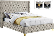 Cream velvet deep button tufted velvet fabric bed additional photo 2 of 6
