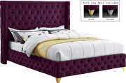 Purple velvet deep button tufted velvet fabric full bed additional photo 5 of 5