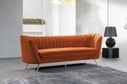 Curved orange cognac velvet fabric sofa w/ gold legs by Meridian additional picture 11