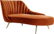 Curved orange cognac velvet fabric sofa w/ gold legs by Meridian additional picture 7