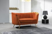 Curved orange cognac velvet fabric sofa w/ gold legs by Meridian additional picture 9