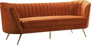 Curved orange cognac velvet fabric sofa w/ gold legs by Meridian additional picture 10