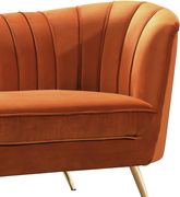 Curved orange cognac velvet fabric loveseat w/ gold legs additional photo 2 of 2