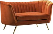 Curved orange cognac velvet fabric loveseat w/ gold legs by Meridian additional picture 3