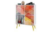 45.28 mid-century modern high double cabinet with funky colorful design and solid wood legs in white, color stamp and yellow additional photo 4 of 7