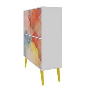 45.28 mid-century modern high double cabinet with funky colorful design and solid wood legs in white, color stamp and yellow additional photo 5 of 7
