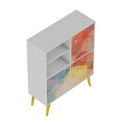 45.28 mid-century modern high double cabinet with funky colorful design and solid wood legs in white, color stamp and yellow by Manhattan Comfort additional picture 7