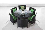 Black 7-piece rattan outdoor dining set with green cushions additional photo 2 of 4