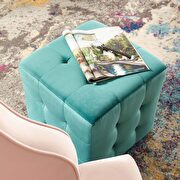 Tufted cube performance velvet ottoman in teal additional photo 5 of 4