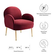 Maroon performance velvet chair with gold stainless steel legs by Modway additional picture 3