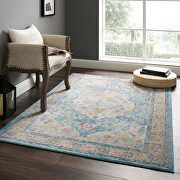 Distressed floral persian medallion area rug in light blue, ivory, yellow and orange by Modway additional picture 2