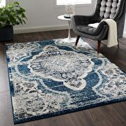 Distressed vintage floral persian medallion area rug in ivory/ blue by Modway additional picture 4