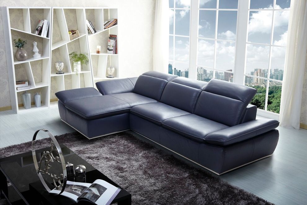 Preimium midnight blue Italian leather sectional sofa by J&M